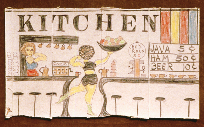 Smith - KITCHEN 1983 crayon, ink, pencil on Saltine cracker box 10 x 17 inches