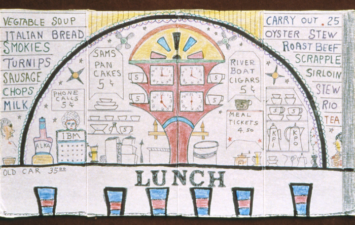 Smith -  LUNCH 1983 ink, pencil, crayon on Saltine cracker box 10 x 17 inches