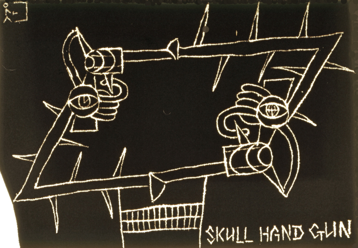 Dominguez - Skull Hand Gun 1995 bleach, cotton 18 x 30.50 inches