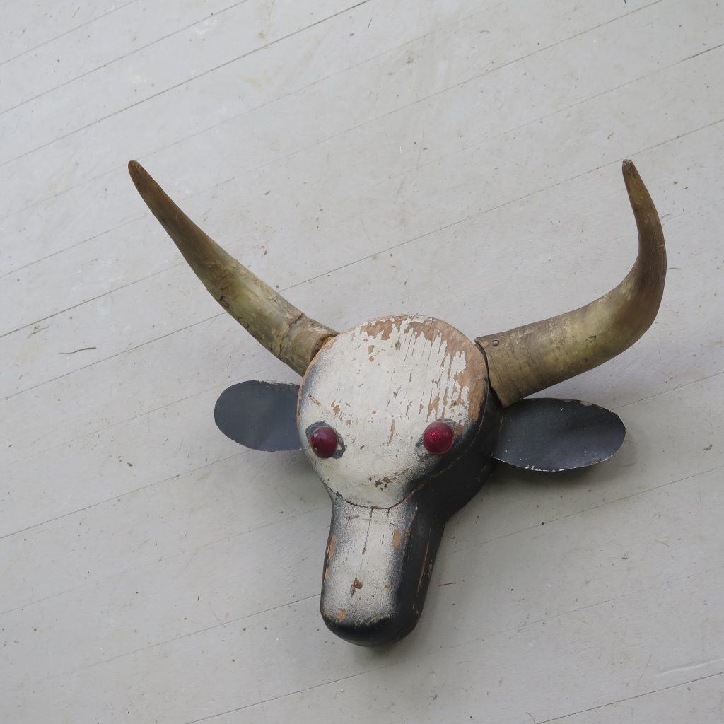Steer Head Sculpture, painted wood, tin, cow horns, reflectors