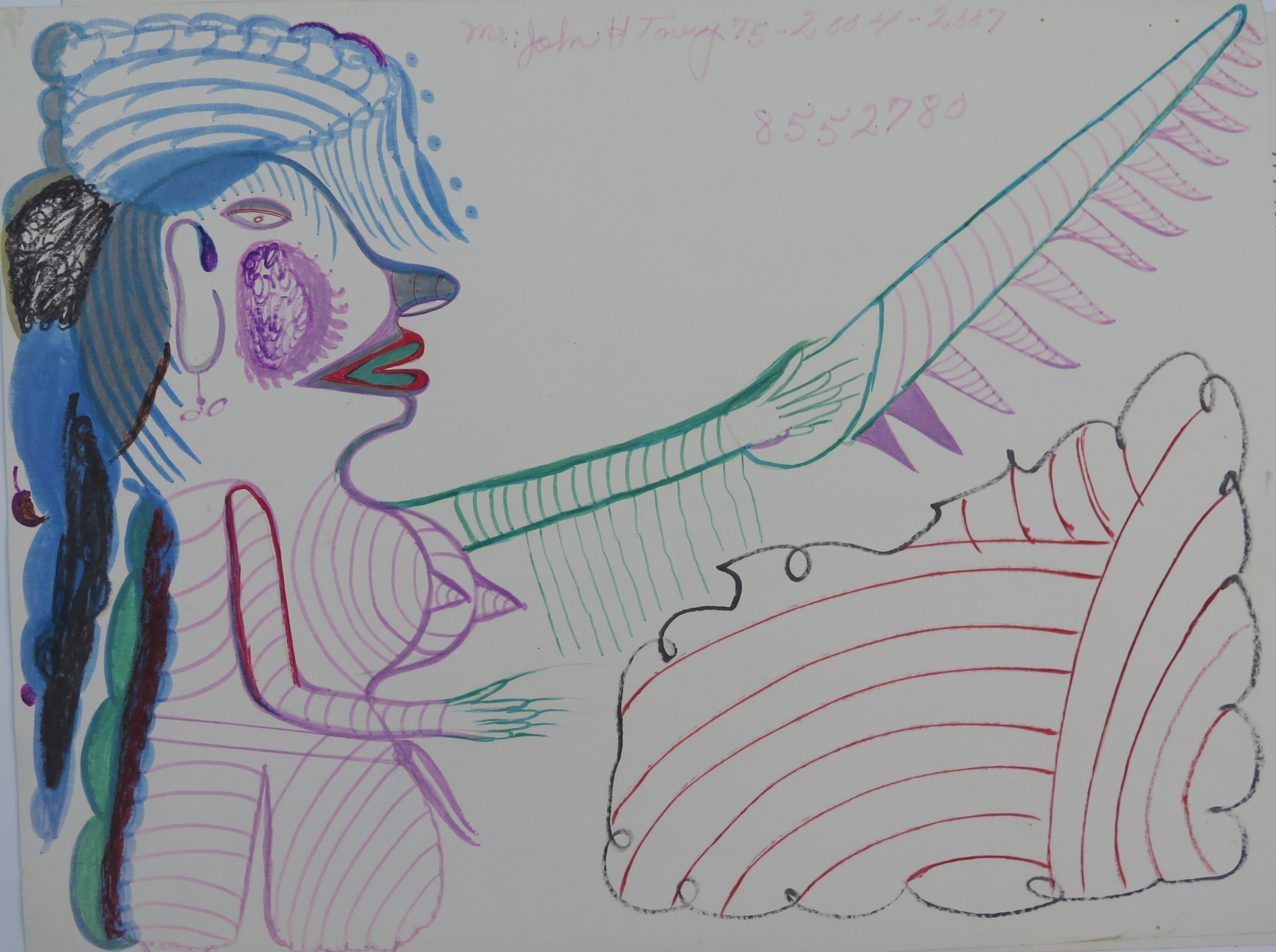 John Henry Toney: Untitled , woman with comb, markers on posterboard, 18 x 24 in.